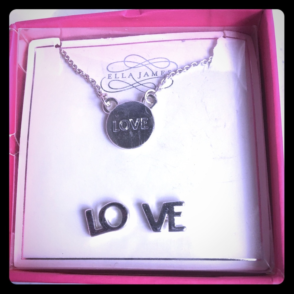 Ella James Silvertone LOVE Necklace Earrings Set